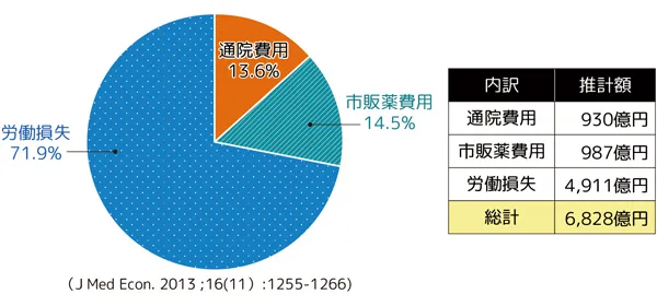 生理に伴う社会の経済的負担を示す円グラフ。概要は本文にも記載。通院費用が13.6%で推計930億円、市販薬費用が14.5%で推計987億円、労働損失が71.9%で4,911億円、総計6,828億円。（J Med Econ. 2013;16（11）：1255-1266）